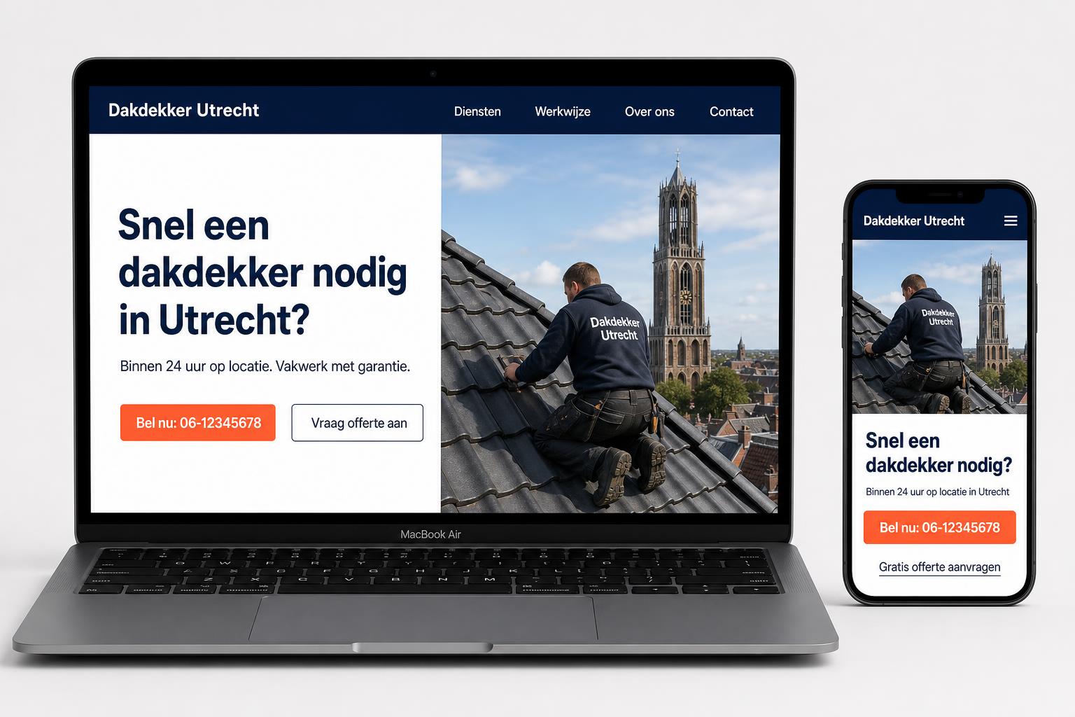 Voorbeeld website voor een lokale dakdekker met grote 'Bel nu' knop op mobiel