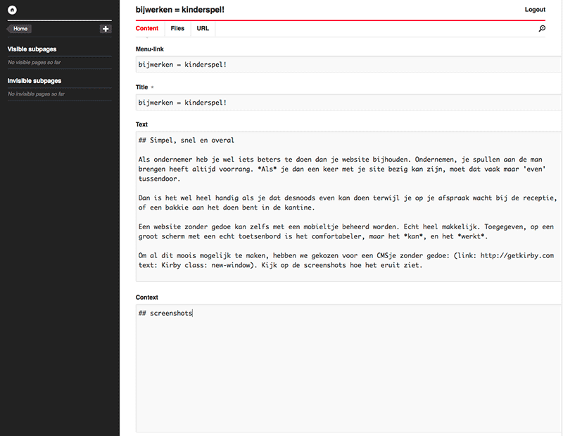 screenshot Kirby CMS op desktop